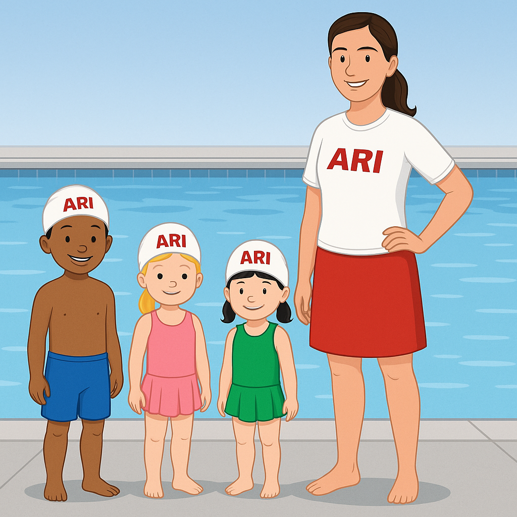 ARI Center water safety instructor with children by the pool