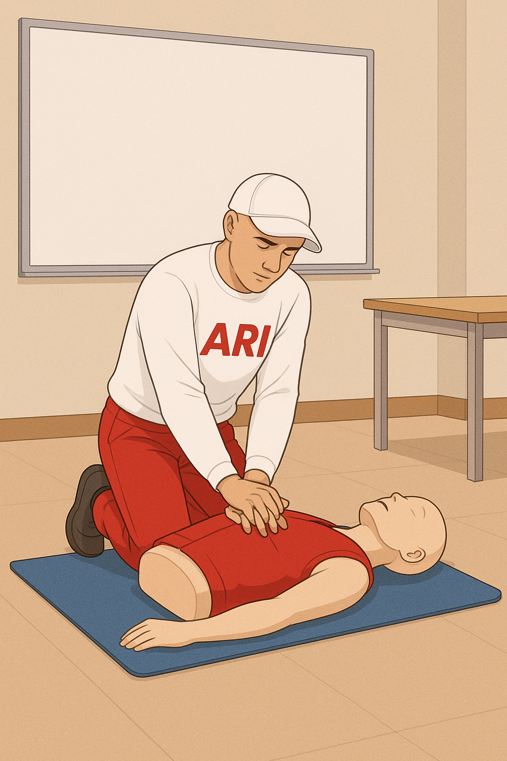 ARI Center CPR instructor performing chest compressions on a manikin in a classroom